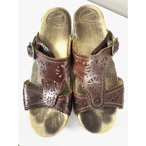 Dansko Sapphire Brown Leather Laser Cut Wedge 8.5 Sandals Comfort Boho Artisanal - Picture 9 of 16